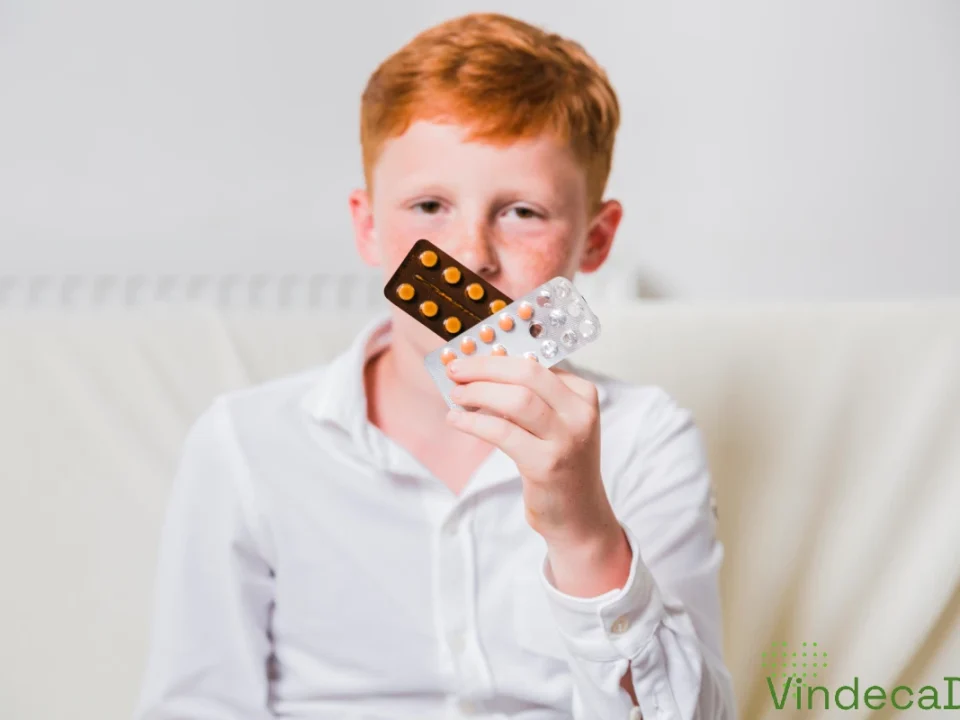 Copil pistruiat care tine mai multe pastile in mana